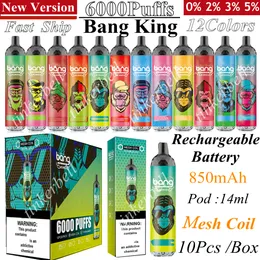 Bang King 6000 Puffs Dostosowywane papierosy 14 ml Cewka z cewki kapustowej Pen 0% 2% 3% 5% 12 Kolory Puff 6000 Vapes E Cigs 850 mAh Urządzenie akumulatorowe