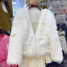 Women's Fur 2022 Autumn Winter Women Faux Mink Coat Three-Dimensional Flowers Short Luxury Plus Cotton Warm White Jacket