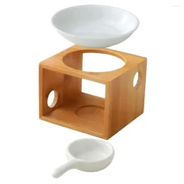 Candle Holders Oil Burner Bamboo Frame Wax Melt Ceramic Warmer With Spoon