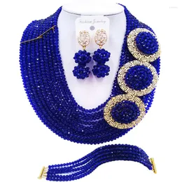 Necklace Earrings Set ACZUV Royal Blue African Beads Nigerian Wedding 10C-3PH009