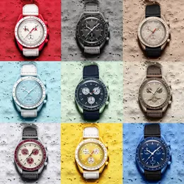 Mens Watches 고품질 바이오 세라믹 플래닛 문 시계 전체 기능 Quarz 크로노 그래프 무브먼트 시계 상자가있는 방수 빛나는 가죽 스트랩 손목 시계