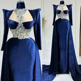 2022 Arabic Aso Ebi Navy Blue Prom Dresses Lace Beaded Crystals Evening Formal Party Second Reception Birthday Engagement Gowns Dress ZJ087