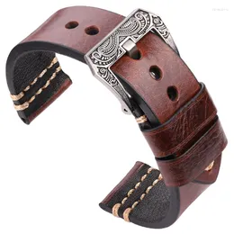 시계 밴드 수제 워치 밴드 20mm 22mm 22mm Genuien Leather Band Strap 4 Colors Cowhide 액세서리 레트로 스틸 버클