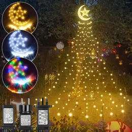 Strings 8 Modes Timer 350 LED Waterfall Christmas Tree Lights With Topper Moon Star Outdoor Fairy String Memory Garland Lighting