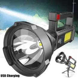 Ficklampor facklor kraftfulla LED COB -ljus USB laddning vattentät flash fackla stativ lykta utomhus camping rampljus
