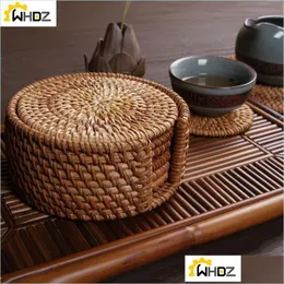 Mats Pads 6pcs Drink Coasters Conjunto para acessórios de chá Kungfu Redonda de mesa redonda Placemat Prato Mat Rattan Weave Cup Diâmetro de 8cm 2 dhfay