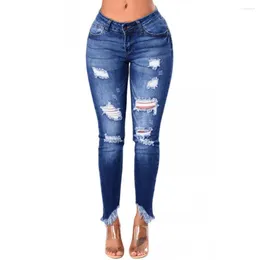 Women's Jeans YP9051 Women's 2023 Spring/Summer Fashion Casual Hole Irregular Tassel Feet Blue Nine-point Denim Pennies