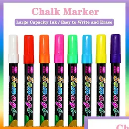 Markörer 8 datorer Liquid Chalk Marker Pennor Set Erasable Color Highlighter LED Writing Board Blackboard Glass Pen Pen Pen Målning Art Mar Dhydp