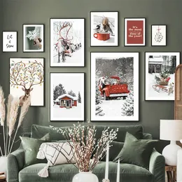 Canvas målar jul röd bil girft box hjort snöflinga väggkonst målningar nordiska affischer och skriver ut väggbilder för barn vardagsrum heminredning ramlös