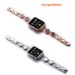 Lucky Clover Straps Metal Cowboy Crystals Chains For Apple Watch Armband Band med Bling 38mm 40mm 41mm 42mm 44mm 45mm IWatch Series 8 7 6 5 4 3 2 1 SE For Women Dressy
