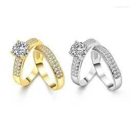 Bröllopsringar toppkvalitet guldfärg silver engagemang / dubbel ringset med 4a zirkonmodesmycken för kvinna anel bague