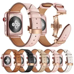 Men Women Leather Strap for Apple Watch Ultra 49mm Band 44mm 40mm 38mm 42mm 45mm 41mm Butterfly Buckle Single Soid Series for Iwatch Series 8 7 6 SE 5 4 3