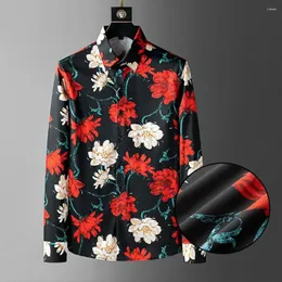 Men's Casual Shirts Red Floral Print Long Sleeve For Men Fall Dress Shirt Overhemden Heren 2022 Social Party Chemise Hawaienne Homme