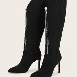 Boots Xibeilove تصميم جديد كريستال Fringe Women Knee High Boots مثير إصبع إصبع القدم عالي الكعب طويل الحذاء على Tacones الإناث Mujer 220913