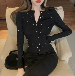 Women's o-neck black color rhinestone patched knitted tunic sweater cardigan tops SML