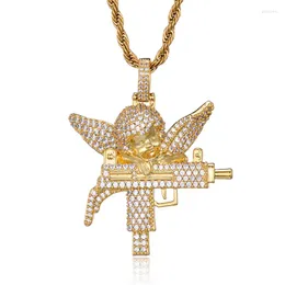 Anhänger Halsketten US7 Micro Paved Out Engel mit Pistole Anhänger Halskette für Männer Frauen Gold Silber Farbe Bling Hip Hop Rapper Schmuck