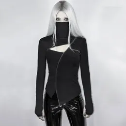 여자 T 셔츠 Insgoth Turtleneck Bodycon 불규칙한 긴 소매 중공 아웃 티셔츠 여성 검은 스트리트 펑크 슬림 탑 가을 고딕