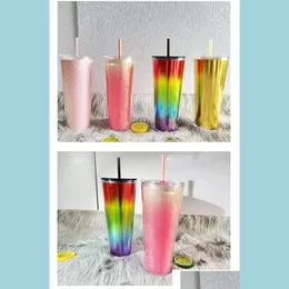 Tumblers 24oz Plastic Gradient Cups Dubbel Walled Tumbler With Lock och St Travel Cold Drink Cup Led Coffee Drop Delivery 2022 Home DHMMQ