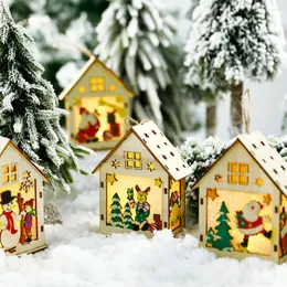 Decorazioni natalizie Led Luce calda Ciondolo in legno Albero Luminoso Log Cabin Hanging Ornaments Navidad Babbo Natale Pupazzo di neve Home Party Decor