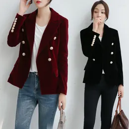 Trajes de mujer, chaqueta de traje pequeña de terciopelo dorado ajustada para mujer, Blazer para mujer, abrigos cortos con botones de Metal, chaquetas