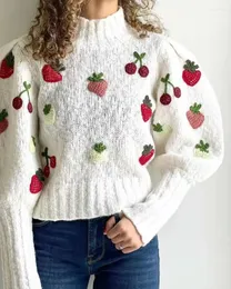 Women's Sweaters Women's Cute Strawberry Crochet Women Turtleneck Sweater Lantern Sleeve Loose Simple 2022 Autumn Winter Ladies Sweet