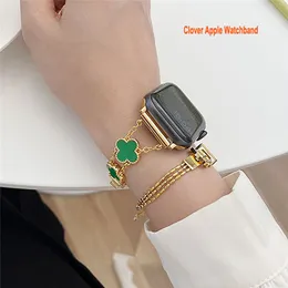 Hree Leafed Clover Straps Apple Watch Band 38mm 40mm 41mm 42mm 44mm 45mm Thin Light Harts Strap Armband Rostfritt st￥l Byte f￶r IWATCH Series 8 7 6 5 4 3 2