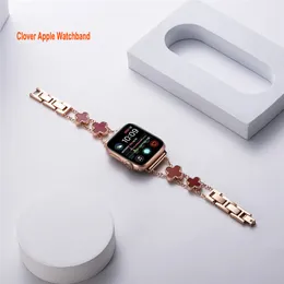 Four Leaf Clover Bling Band Straps for Apple Watch Band 38mm 40mm 41mm 42mm 44mm 45mm Women Dressy Metal Bracelet with Rhinestone Bumper iWatch Series 8 7 6 5 4 3 2 1