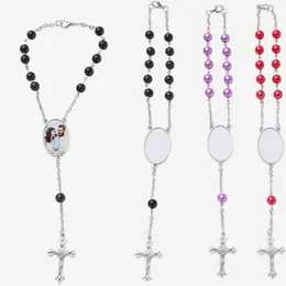 DIY sublimation blank charm silver cross bracelets mens bracelet for woman alloy oval red purple black white beaded bracelet Jewelry Souvenir Family Christmas Gift