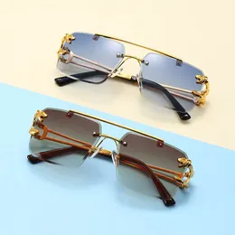 Bezprzewodowe kwadratowe okulary przeciwsłoneczne z specjalnym tygrysem Zabocza Zawias Metal Metalowa świątynie Vintage Przycinanie okularów