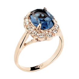 Solitaire Ring Rose Gold Plated Oval Shaped Gem Style With Sapphire Blue Element Crystal And Clear Round Cubic Zirconia Fashion Jewe Am7Nm