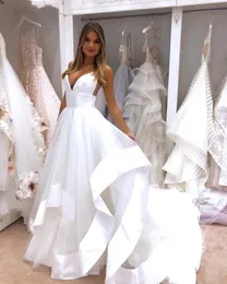 Sexy Spaghetti Straps Open Back Cheap Wedding Dress White Satin Ruffles Puffy Tulle Beach Bridal Gowns Vestidos De Noiva