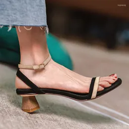 Sandals Women Summer French One-strip Fashion Color Matching Retro Wood Grain Profiled Heel Open Toe Dress High Heels