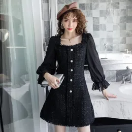 Casual Dresses COIGARSAM Autumn Women One-piece Dress Korean Long Sleeve V-Neck Solid Black 1102