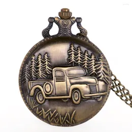 Taschenuhren, modische Uhr mit Kette, Bronze, Retro-Stil, großer LKW, Wald, Baum, Autofahrer, Geschenke, Tropfen