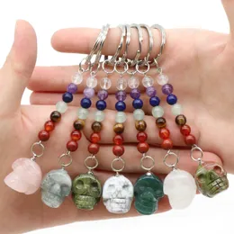 Skeleton Skull Shape Statue Key Rings 7 Colors Chakra Beads Chains Stone Charms Keychains Healing Crystal Keyrings for Women Men