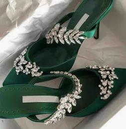 Elegant Lurum Women Sandals Shoes Satin Leather Crystal Embelled Strap Mules Crystal Stiletto High Heels-Party Wedding Dress EU35-43