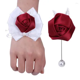 Decorative Flowers European And American Wine Red Bride Bridesmaid Ribbon Wrist Corsage Groom Groomsmen Lapel Pin Party Wedding Supplies