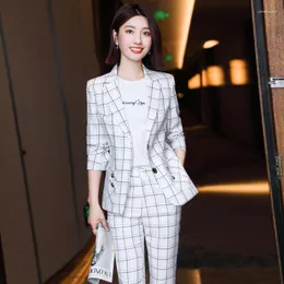 Kvinnors tv￥delade byxor Premium Women's Blazer 2 Set 2022 Spring Autumn Elegant Plaid Ladies Office Sacka Jacka Casual Slim Byxor