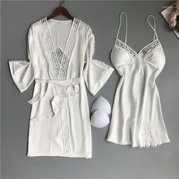 Kvinnors sömnkläder sexig spets kimono badklänning kvinnor 2 st mantel set kemis nattklänning sommar satin v-hals badrock nattkläder hemkläder