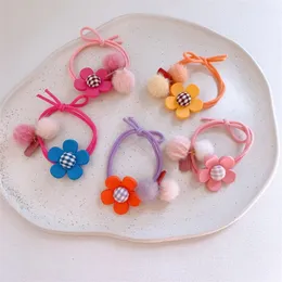 New Korean Fashion Children's Ponytail Hair Accessories Sweet Girl Princess Cute Colorful Plaid Button Flower Hairball Hair Rope