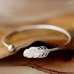 Bangle Fashion 925 Sterling Silver Jewelry High-quality Female Simple Feather Small Ball Open Bracelets & Bangles