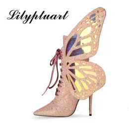 Boots Autumn New Stiletto High Heels Fashion Women Cross Lace Sequin Butterfly Wings paljetter Stor storlek 220901