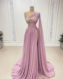 Pink pleated flowy skirt Prom Dresses Lace One Shoulder cape V Neck Appliques Sequins Shiny Evening Dresses Sexy Chiffon Side Slit