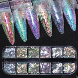 Nagel glitter 12 rutnät iriserande naglar aurora crystal eldflingor holografiska gnistrande paljetter charms gel polsk manikyrdekor