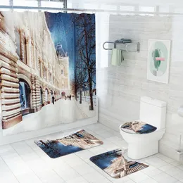 Coprisedili per WC Winter City Street Stampa Decorazioni per la casa Set di coperture per bagno Tappetini per tende da doccia impermeabili Tappeti per tappeti