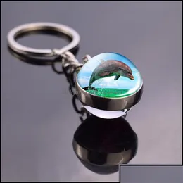 Nyckelringar nyckelringar smycken anpassade havsdjur nyckelring sk￶ldpadda stj￤rnfiskhaj maneter Dolphin m￶nster dubbel sida glasboll penda otqsb