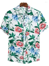 남성 캐주얼 셔츠 Kaus Bunga Hitam Putih 모드 Pria Hawaii Lengan Pendek Kancanc Kasual Atasan Pesta Slim Fit Liburan Pantai