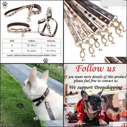 Hundhalsar Leases Leather Designer Dogs Collar Leases Set Classic Plaid Pet Leash Step in Dog Harness For Small Medium Cat Chih DHC3B