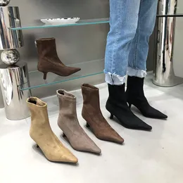 Stiefel mit spitzer Zehenpartie für Damen, Knöchel-Stretch-Schuhe, dünne mittlere Absätze, beige/grau/braun/schwarzer Reißverschluss hinten, 2022 eingetroffen, Sockenbotas 35–39