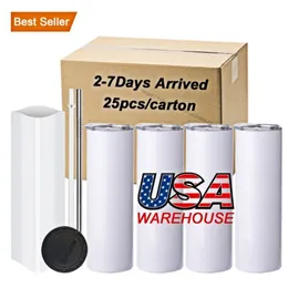 USA Warehouse 25pc/Carton Straight 20oz Sublimation Tumblerブランクステンレス鋼マグ